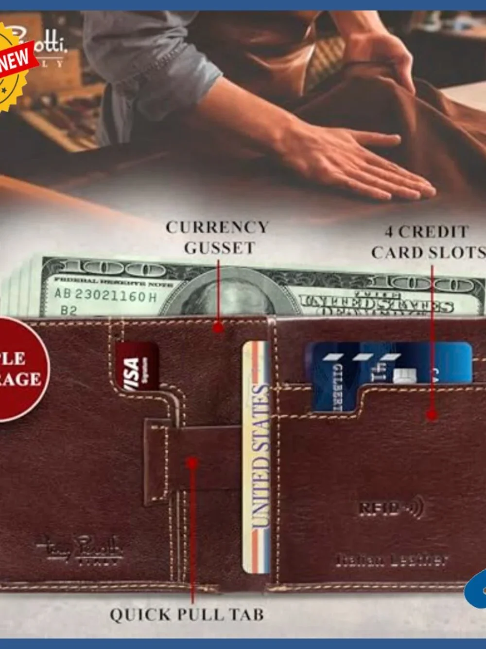 Slim RFID Blocking Leather Bifold Wallet With Quick Card Pull Tab
